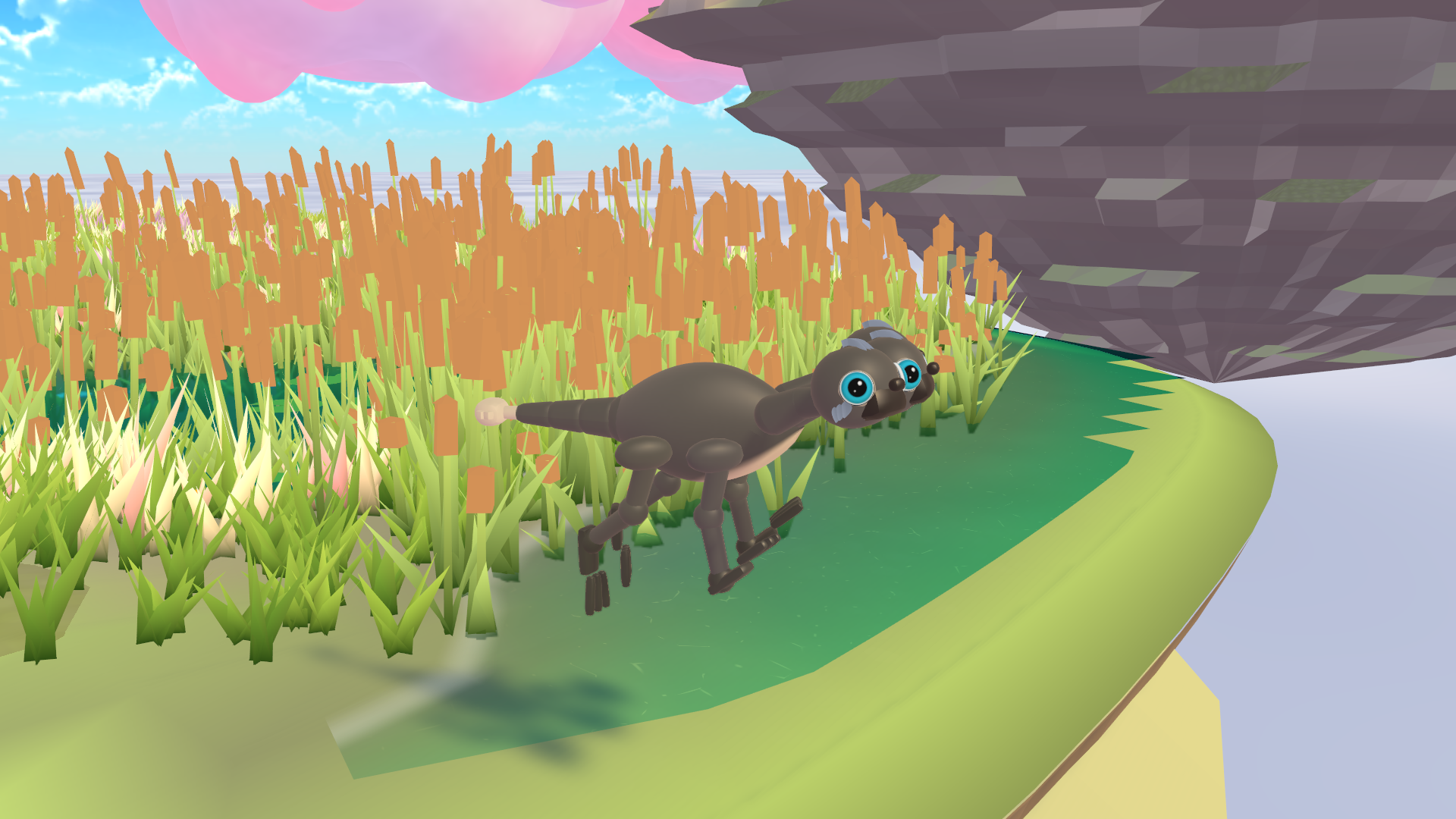 A multi-headed bird exploring a grassy island