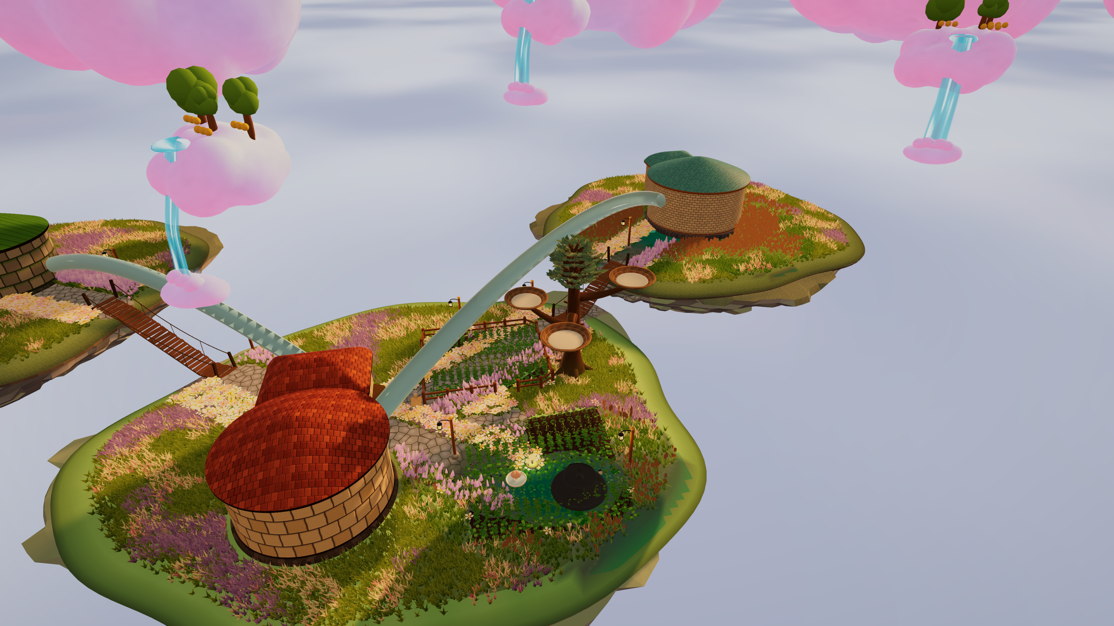 Floating garden islands joined by bridges and tubes, with round houses and pink clouds